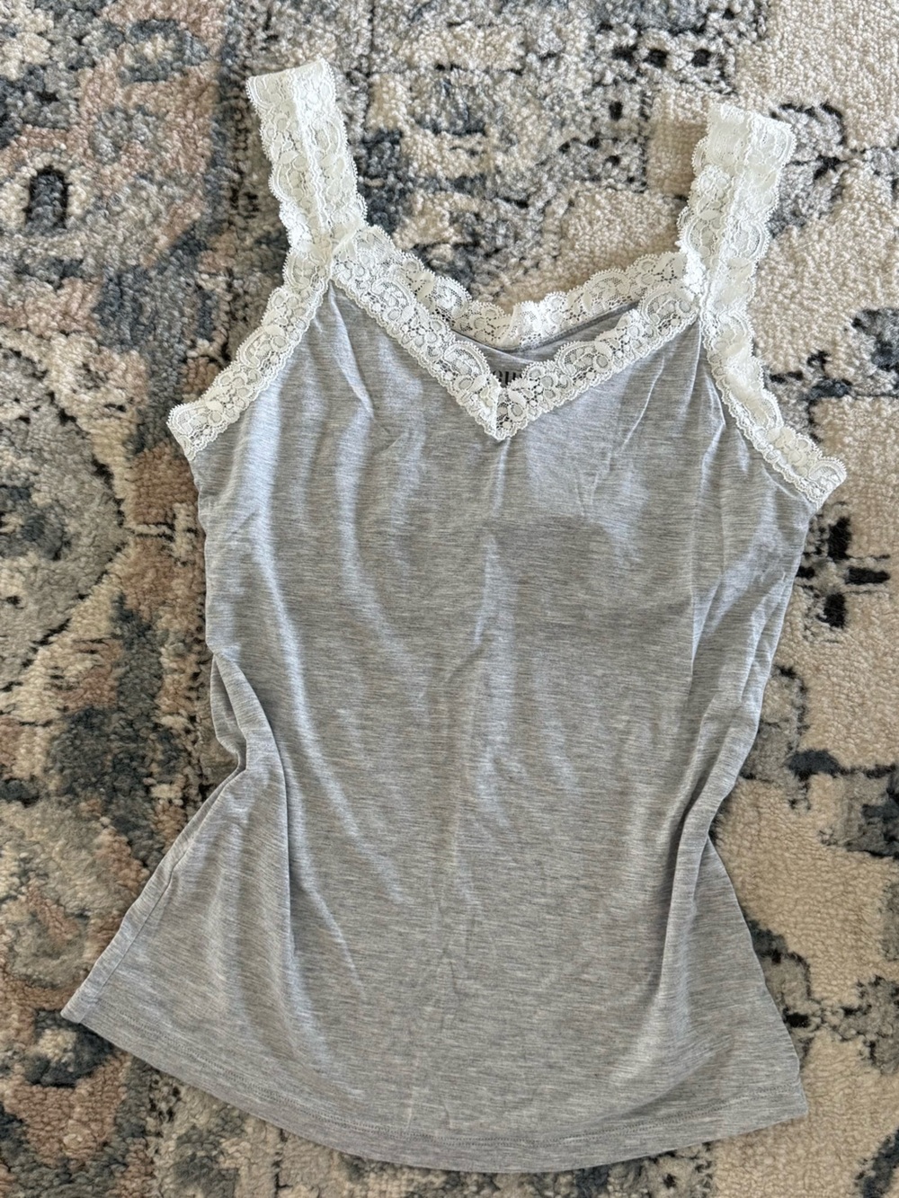 Gray Lace-Trim V-Neck Tank Top